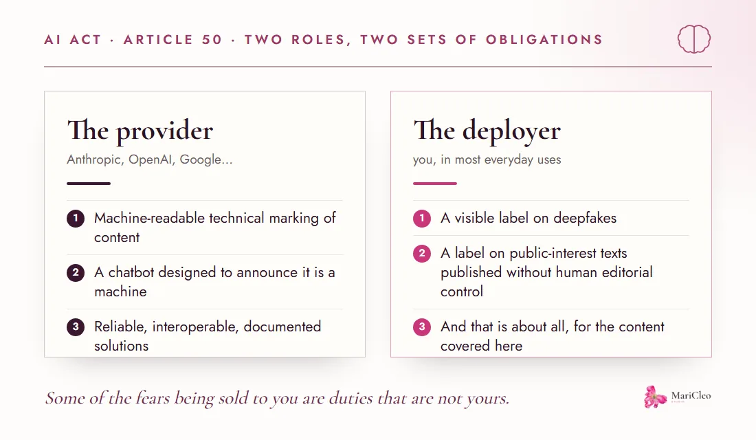 Table comparing the obligations under Article 50 of the EU AI Act: the artificial intelligence provider on the left, the business using the tool day to day on the right