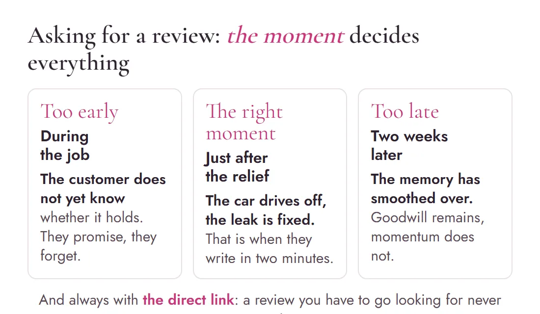 Diagram of the three moments to ask for a review: too early during the job, the right moment just after the relief, too late two weeks later