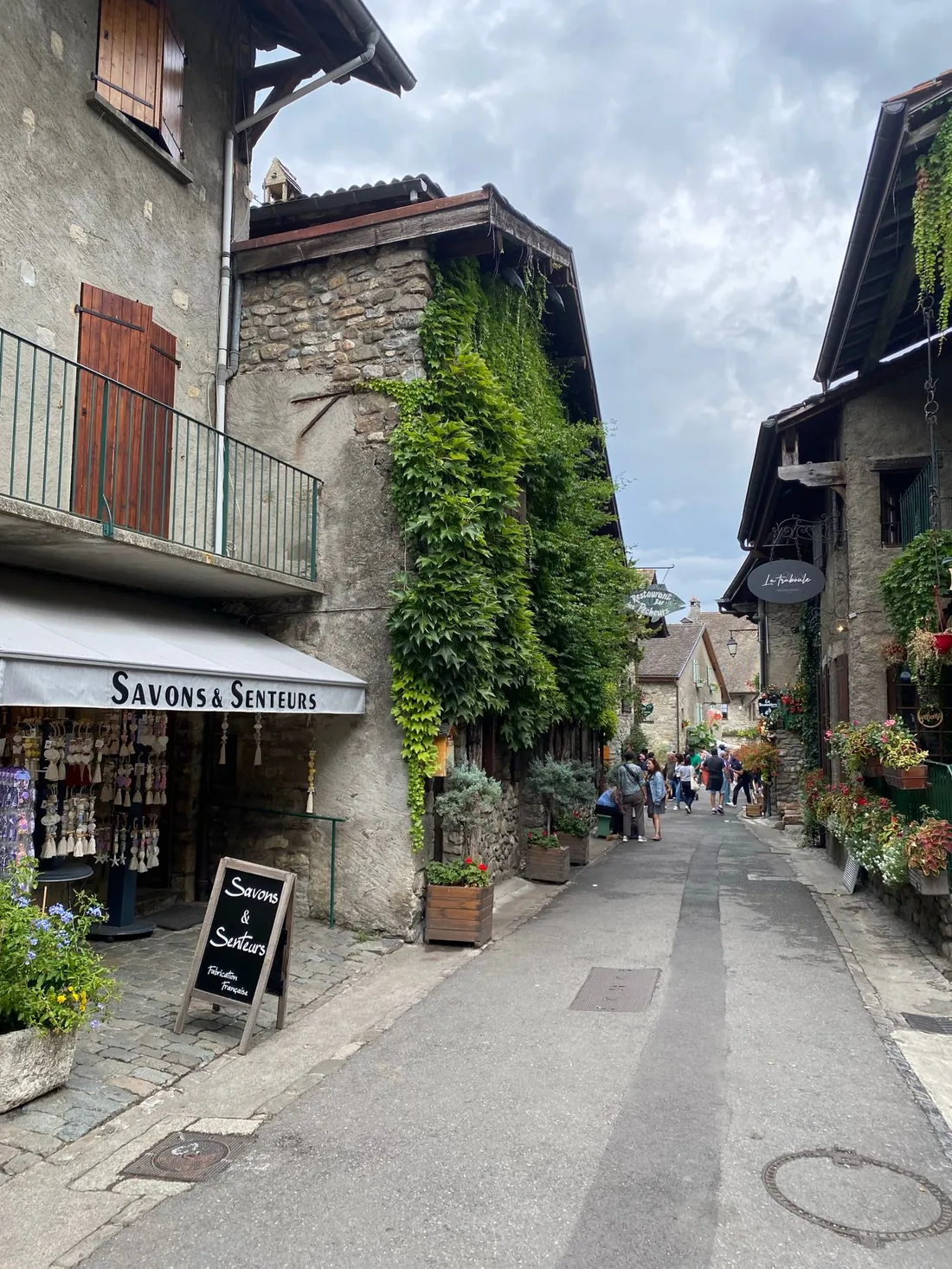 Rue d'un village français en pente, commerces indépendants sous des stores, plantes et façades en pierre