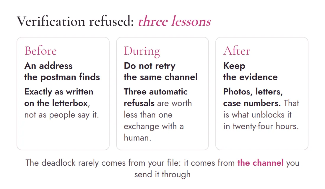 Diagram of the three lessons of a refused verification: an address the postman finds, do not retry the same channel, keep the evidence