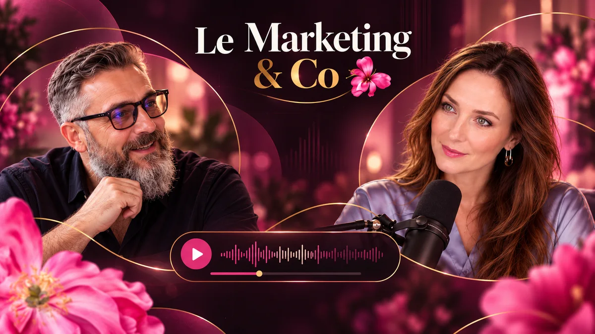Illustration du podcast Le Marketing & Co&nbsp;: Mike Orchard et Maryna Skachek en conversation, un micro et un lecteur audio au centre