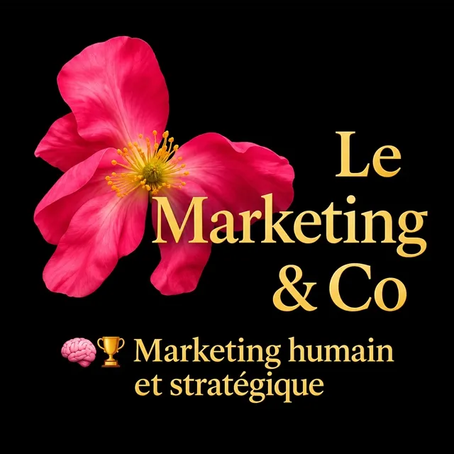 Couverture du podcast Le Marketing & Co&nbsp;: une fleur rose vif sur fond noir, le titre en lettres dorées et la mention marketing humain et stratégique